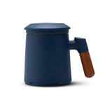 Tea Cup with Infuser and Lid, Wood Handle Loose Tea Steeper Mug, 12 Ounces Matte Ceramic Stainer Mug for Tea Gift/Navy Blue