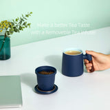 Tea Cup with Infuser and Lid, Wood Handle Loose Tea Steeper Mug, 12 Ounces Matte Ceramic Stainer Mug for Tea Gift/Navy Blue