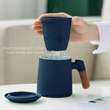 Tea Cup with Infuser and Lid, Wood Handle Loose Tea Steeper Mug, 12 Ounces Matte Ceramic Stainer Mug for Tea Gift/Navy Blue