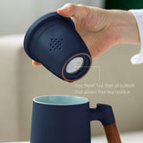 Tea Cup with Infuser and Lid, Wood Handle Loose Tea Steeper Mug, 12 Ounces Matte Ceramic Stainer Mug for Tea Gift/Navy Blue