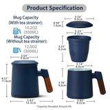 Tea Cup with Infuser and Lid, Wood Handle Loose Tea Steeper Mug, 12 Ounces Matte Ceramic Stainer Mug for Tea Gift/Navy Blue