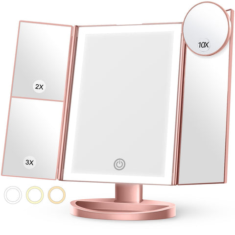 Lighted Makeup Mirror with 3 Color Lighting, Mirror with Extra Round 10X Magnifying Mirror,Dual Power Supply(Rose Gold) In Australia - Darrahopens