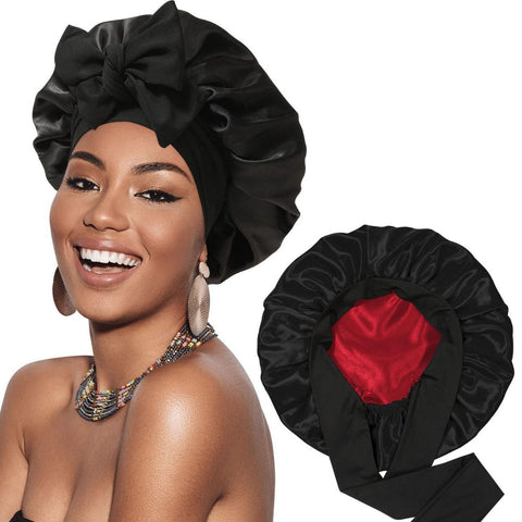 Satin Bonnet Silk Bonnet for Sleeping Double Layer Satin Lined Black Hair Bonnet with Tie Band Bonnets for Women Natural Curly In Australia - Darrahopens