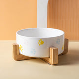 Ceramic Round Dog Cat Bowl with Wood Stand, Durable Ceramic Food Water Elevated Dish for Pet, Modern Cute Weighted Food (2pcs)