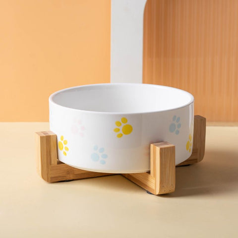 Ceramic Round Dog Cat Bowl with Wood Stand, Durable Ceramic Food Water Elevated Dish for Pet, Modern Cute Weighted Food (2pcs)