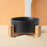 Ceramic Round Dog Cat Bowl with Wood Stand, Durable Ceramic Food Water Elevated Dish for Pet, Modern Cute Weighted Food (2pcs)