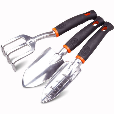 3 Pack Heavy Duty Gardening Tools Set Include Garden Shovel,Transplant Trowel and Hand Rake with Ergonomic Handle, Aluminum Alloy