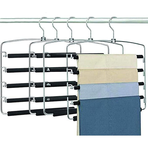 Multi Pants Trousers Hangers Smart Closet Saver Pack of 4 – Heavy-Duty Chrome Steel 360° Swivel Hook, Space Saving Multiple Trouser Slack Pant Hanger 5 Tier for Wardrobe Organization