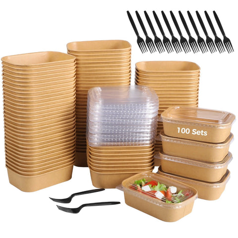 100PCS Disposable Meal Prep Containers, 17oz Thick Kraft Paper Lunch Boxes with Forks & Clear Lids, 500ml Leakproof Lidded Food Containers for Takeout Catering Picnic In Australia - Darrahopens