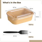 100PCS Disposable Meal Prep Containers, 17oz Thick Kraft Paper Lunch Boxes with Forks & Clear Lids, 500ml Leakproof Lidded Food Containers for Takeout Catering Picnic