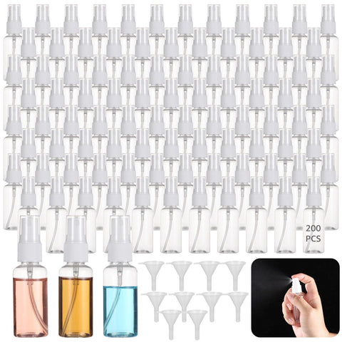 200PCS Travel Spray Bottle, 30ml/1oz Transparent Plastic Mini Spray Bottles for Perfume Cosmetic, Travel Size with 10 Funnels, Convenient Refillable, Leak-proof Design