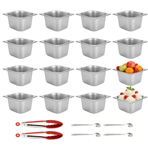 16PCS Stainless Steel Hotel Pans, 1/6 Size 4" Deep Commercial Buffet Steam Table Food Containers with 2 Serving Tongs & 4 Spoons, Metal Catering Trays for Home, Restaurant, Hotel, Party Food Prep
