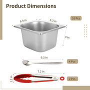 16PCS Stainless Steel Hotel Pans, 1/6 Size 4" Deep Commercial Buffet Steam Table Food Containers with 2 Serving Tongs & 4 Spoons, Metal Catering Trays for Home, Restaurant, Hotel, Party Food Prep