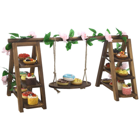 Wooden Multi-Tiered Dessert Stand with Swing and Flower Vine, A-Frame Foldable Wood Cake Serving Rack, 32" x 7.9" x 15.7" x 13.8" for Parties, Weddings, Buffets, Easy Assembly