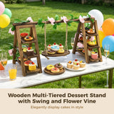 Wooden Multi-Tiered Dessert Stand with Swing and Flower Vine, A-Frame Foldable Wood Cake Serving Rack, 32" x 7.9" x 15.7" x 13.8" for Parties, Weddings, Buffets, Easy Assembly