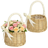 2PCS Wicker Flower Baskets, Handwoven Rustic Storage Containers with Portable Handle & Ribbon Accent, Waterproof Liner, 5.1" x 7.5", for Home Decor, Weddings, Floral Arrangements, Picnics
