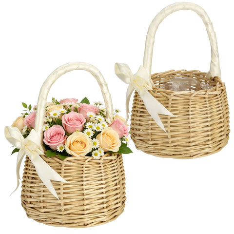 2PCS Wicker Flower Baskets, Handwoven Rustic Storage Containers with Portable Handle & Ribbon Accent, Waterproof Liner, 5.1" x 7.5", for Home Decor, Weddings, Floral Arrangements, Picnics