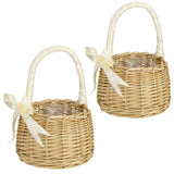 2PCS Wicker Flower Baskets, Handwoven Rustic Storage Containers with Portable Handle & Ribbon Accent, Waterproof Liner, 5.1" x 7.5", for Home Decor, Weddings, Floral Arrangements, Picnics