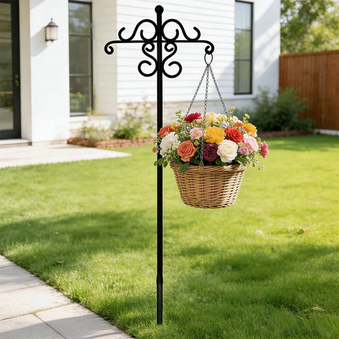 61in Heavy Duty Shepherd Hook, Black Iron Garden Stake with Ornate Scrollwork for Hanging Plants Lanterns Bird Feeders Outdoor Yard Decor