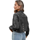 Women Oversized Denim Jacket Embroidered Beading Jeans Coat L
