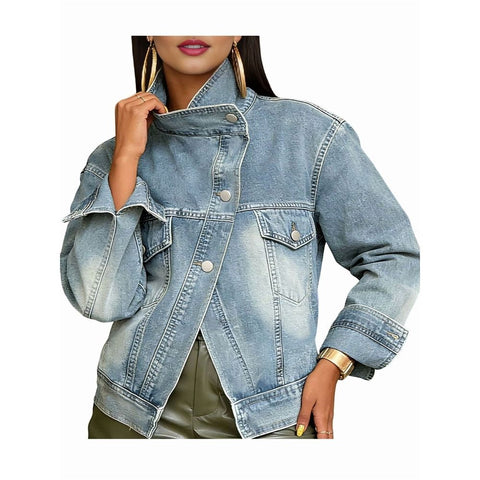 Women'S Classic Denim Jacket - Single Breasted, Full Sleeve, Patchwork Design for All Seasons Light Blue L