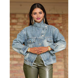Women'S Classic Denim Jacket - Single Breasted, Full Sleeve, Patchwork Design for All Seasons Light Blue L