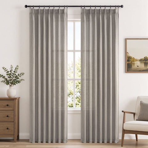 Pinch Pleated Linen Sheer Curtains 94 inches long panels set of 2 for Living Room Bedroom, Light Filtering Farmhouse Window Curtains with Hooks, 40"×94", Oatmeal