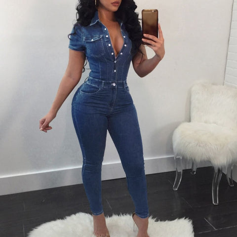 Women's Slim Short Sleeve Casual Denim Jumpsuit In Australia - Darrahopens