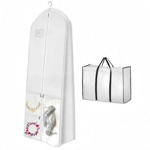 Portable 70" Wedding Dress Garment Bag with Bride Tote Bag 8'' Gusseted Dress Bags for Gowns Long  Dress Cover for Women, White