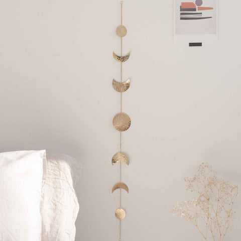 2pcs Moon Phase Wall Decor, Gold Wall Art for Bedroom, Bohemian and Astrology, Aesthetic 34.6" 7 Phases Metal Moon Wall Banner, Celestial Decoration, Gift for Women & Kids