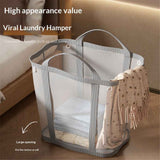Mesh Bag with Handles, Collapsible Laundry Basket, Foldable Laundry Bag, Breathable Folding Beach Bag,Space-saving Travel Tote Bags (1, Grey)