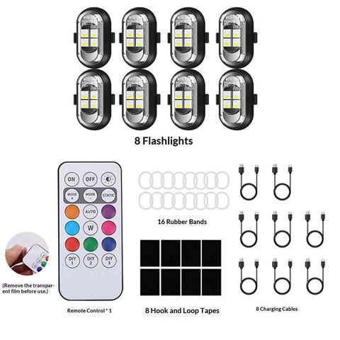 8PCS Wireless LED Lights for Car with Remote Control, Halloween Wireless LED Strobe Lights 7 Colors USB Anti-Collision Warning Light for Car Interior Truck Drone Aircraft Bike