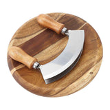 Cutting Board &  Knife - Wooden Chopping Board & 2-Bladed Curved Herb Cutter - Round Wood Board & Double Blade Rocker Chopper