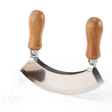 Cutting Board &  Knife - Wooden Chopping Board & 2-Bladed Curved Herb Cutter - Round Wood Board & Double Blade Rocker Chopper