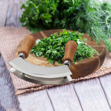 Cutting Board &  Knife - Wooden Chopping Board & 2-Bladed Curved Herb Cutter - Round Wood Board & Double Blade Rocker Chopper