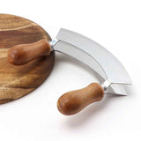 Cutting Board &  Knife - Wooden Chopping Board & 2-Bladed Curved Herb Cutter - Round Wood Board & Double Blade Rocker Chopper