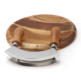 Cutting Board &  Knife - Wooden Chopping Board & 2-Bladed Curved Herb Cutter - Round Wood Board & Double Blade Rocker Chopper