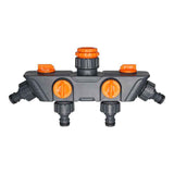 4-Way Distributor, 4 Ports, Orange, Metal/Plastic, Ball Valve, Garden Valve, Connector, Distributor