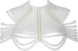 Imitation pearl bead decoration shoulder strap necklace body fashion shoulder and neck bra shawl collar pearl woven shawl white pearl strap gold fixed chain（Pearl Shoulder Chain White） In Australia - Darrahopens