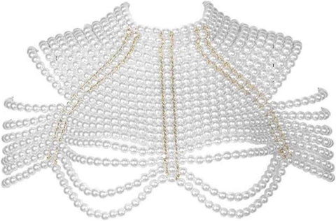 Imitation pearl bead decoration shoulder strap necklace body fashion shoulder and neck bra shawl collar pearl woven shawl white pearl strap gold fixed chain（Pearl Shoulder Chain White） In Australia - Darrahopens