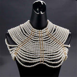 Imitation pearl bead decoration shoulder strap necklace body fashion shoulder and neck bra shawl collar pearl woven shawl white pearl strap gold fixed chain（Pearl Shoulder Chain White） In Australia - Darrahopens