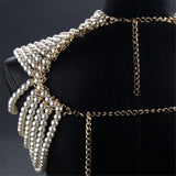 Imitation pearl bead decoration shoulder strap necklace body fashion shoulder and neck bra shawl collar pearl woven shawl white pearl strap gold fixed chain（Pearl Shoulder Chain White） In Australia - Darrahopens