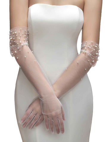 Long Pearl Wedding Gloves Tulle Bridal Gloves Sheer Long Bridal Sleeves Opera Prom Party Costumes for Women In Australia - Darrahopens