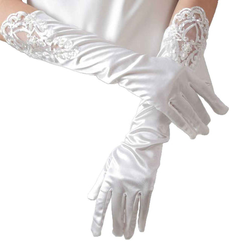 Elegant Satin Lace Gloves Long Bridal Gloves for Bride Flower Girls Women Wedding Prom Party（Hand embroidered bead white） In Australia - Darrahopens