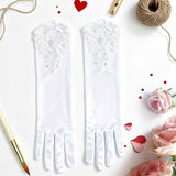 Elegant Satin Lace Gloves Long Bridal Gloves for Bride Flower Girls Women Wedding Prom Party（Hand embroidered bead white） In Australia - Darrahopens