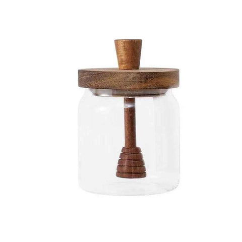 Honey jar glass rack dispenser set for home kitchen, with wooden stick and lid, transparent modern honey syrup glass container, used for storing gifts, In Australia - Darrahopens
