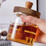 Honey jar glass rack dispenser set for home kitchen, with wooden stick and lid, transparent modern honey syrup glass container, used for storing gifts, In Australia - Darrahopens