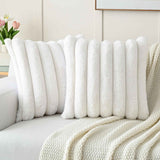 Cream White Decorative Throw Pillow Covers 18x18 Inch Set of 2, Square Soft Faux Rabbit Fur Thick Striped Cushion Cover,Winter Home Decor for Couch Bed Living Room（45 * 45cm without core） In Australia - Darrahopens