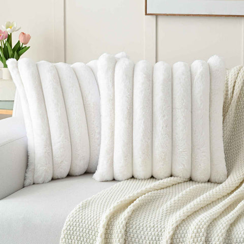 Cream White Decorative Throw Pillow Covers 18x18 Inch Set of 2, Square Soft Faux Rabbit Fur Thick Striped Cushion Cover,Winter Home Decor for Couch Bed Living Room（45 * 45cm without core） In Australia - Darrahopens