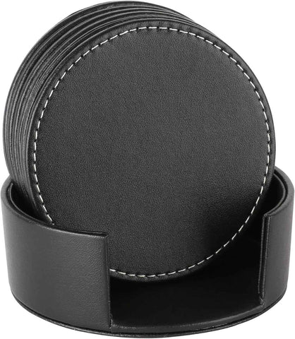 Drinks Coasters with Holder, Pu Leather Coaster Sets of 6 for Tabletop Protection Cup Mat for Drinks 4 Inches (Black) In Australia - Darrahopens